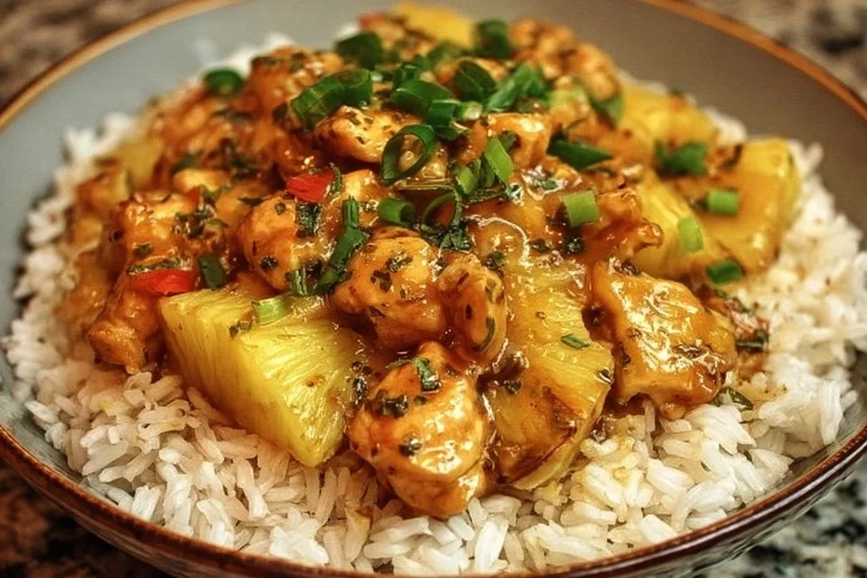 Delicious Tropical Pineapple Chicken served with Rice in a bowl