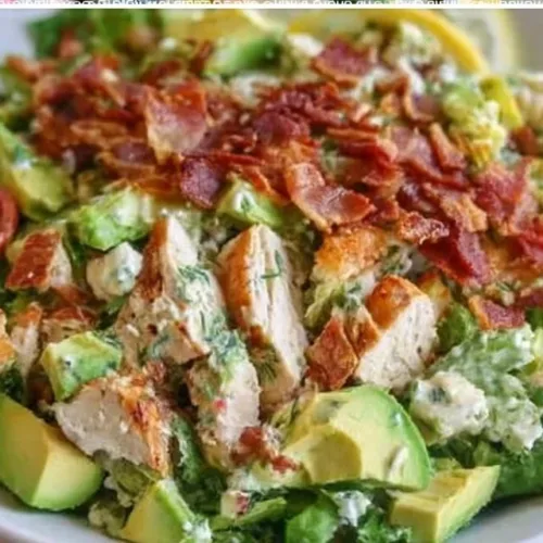 Zesty lemon chicken salad topped with avocado and crispy bacon.