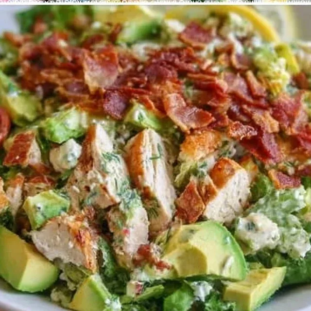 Zesty lemon chicken salad topped with avocado and crispy bacon.