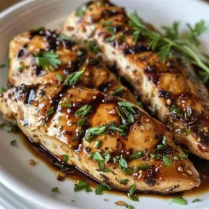 Delicious Balsamic Baked Chicken garnished with herbs