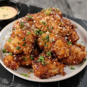 Delicious plate of Bang Bang Chicken with sauce and garnishes