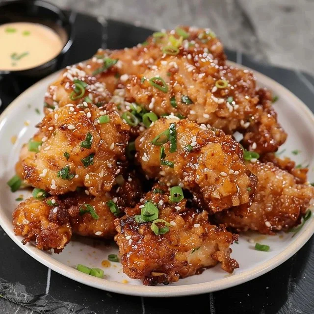 Delicious plate of Bang Bang Chicken with sauce and garnishes