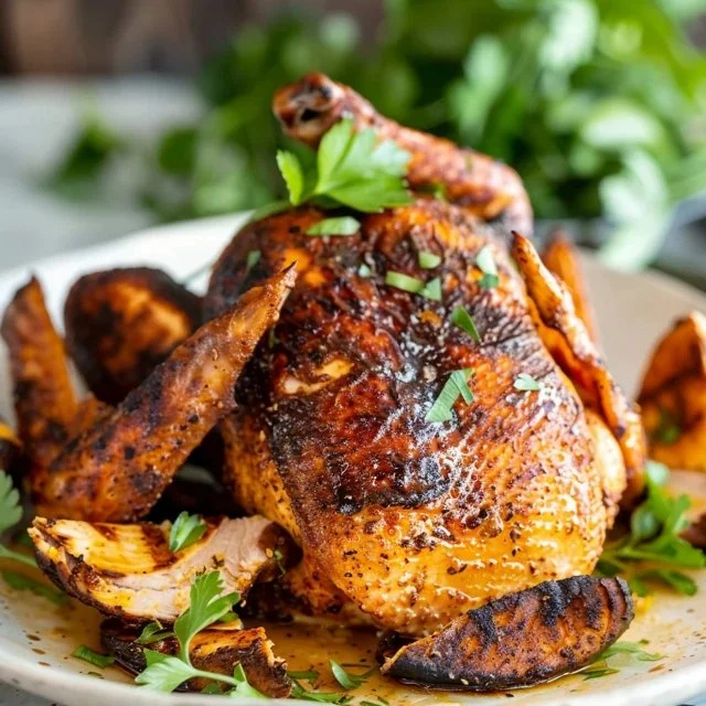 Juicy beer can chicken on a grill, showcasing flavorful seasoning and steaming can.