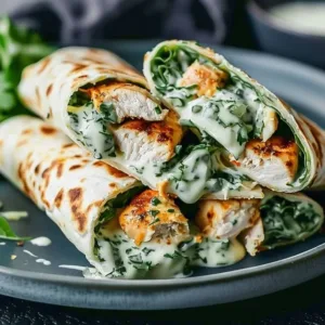 Delicious cheesy garlic chicken wraps served with fresh vegetables