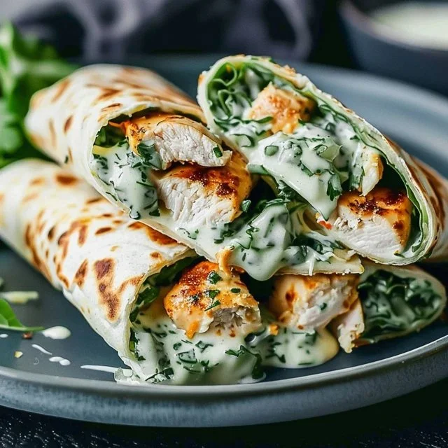 Delicious cheesy garlic chicken wraps served with fresh vegetables