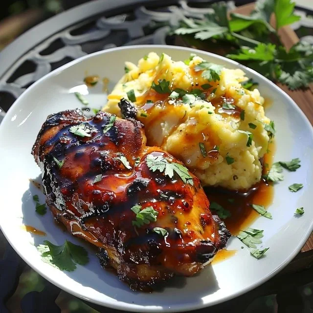 Chipotle Honey Chicken Thighs garnished with fresh herbs on a plate