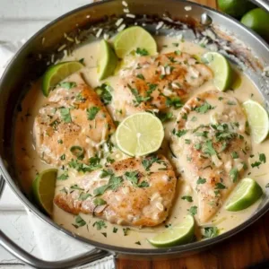 Creamy coconut lime chicken dish garnished with fresh herbs