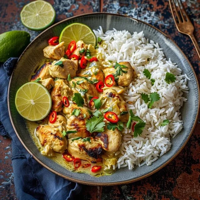 Creamy coconut lime chicken with fresh lime wedges and herbs on a plate.