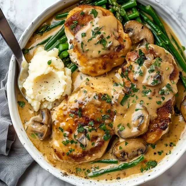 Creamy garlic chicken served with herbs and vegetables on a plate