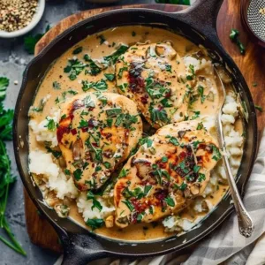 Creamy garlic chicken served with herbs and vegetables on a plate.