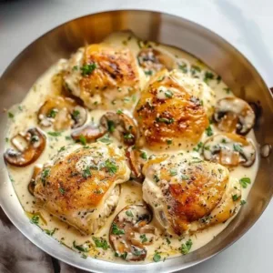 Delicious creamy garlic mushroom chicken thighs served on a plate.