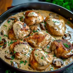 Creamy mushroom chicken thighs served on a plate with fresh herbs