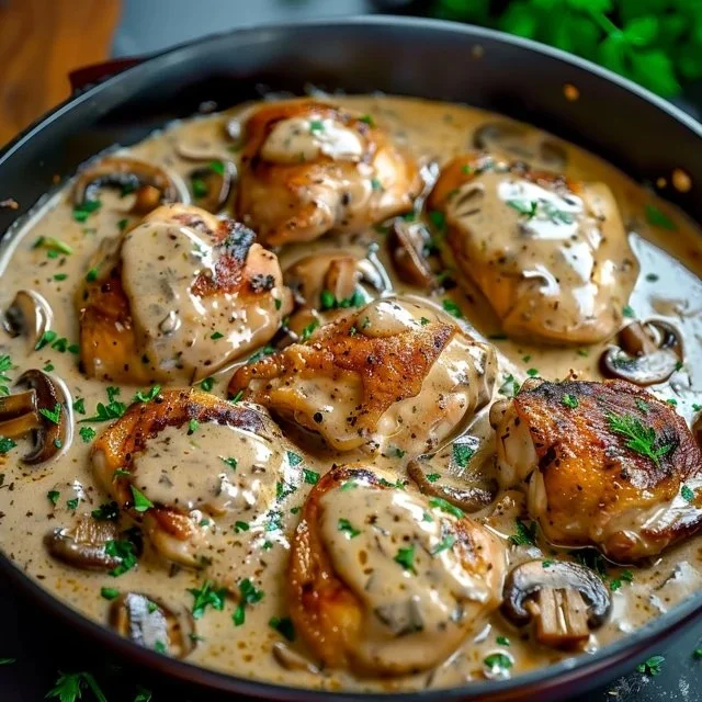 Creamy mushroom chicken thighs served on a plate with fresh herbs