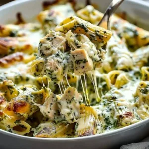 Creamy Pesto Chicken Pasta Bake topped with fresh basil and cheese