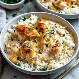 Creamy smothered chicken served with rice, garnished with herbs