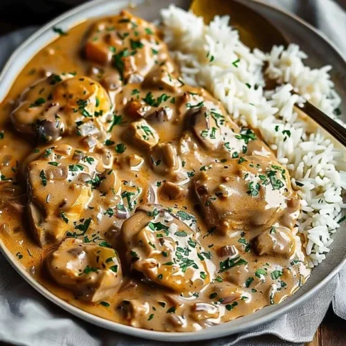 Creamy smothered chicken served over rice, garnished with herbs