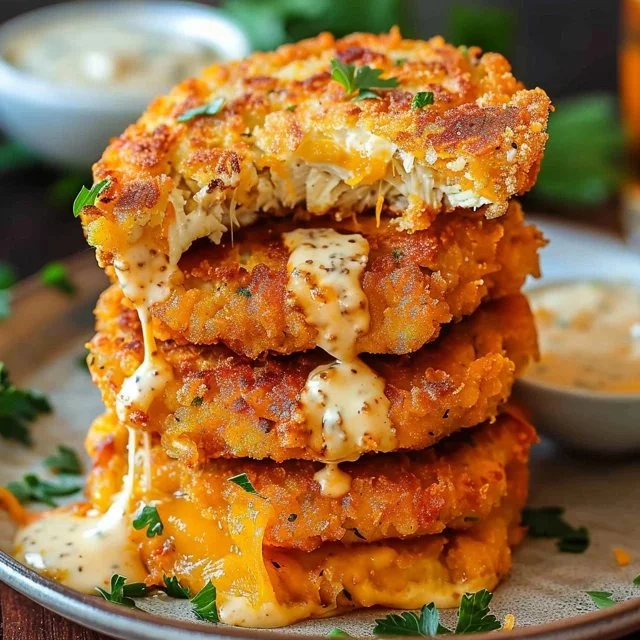 Crispy cheesy chicken ranch patties served on a plate with dipping sauce