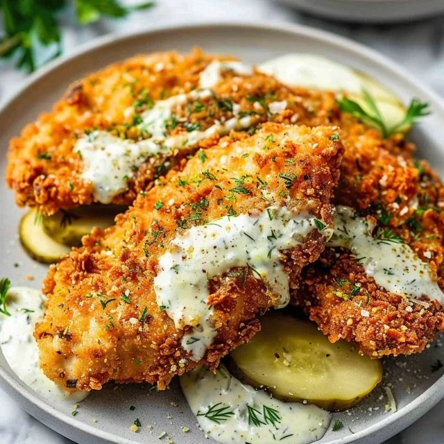 Crispy Parmesan-Crusted Chicken Cutlets with Creamy Dill Pickle Sauce