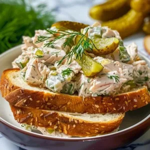 Delicious Dill Pickle Chicken Salad served in a bowl with fresh ingredients.