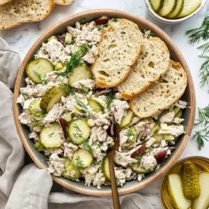 Delicious Dill Pickle Chicken Salad in a bowl with fresh ingredients