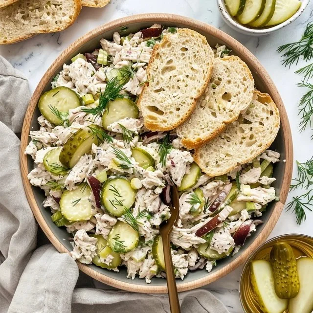Delicious Dill Pickle Chicken Salad in a bowl with fresh ingredients