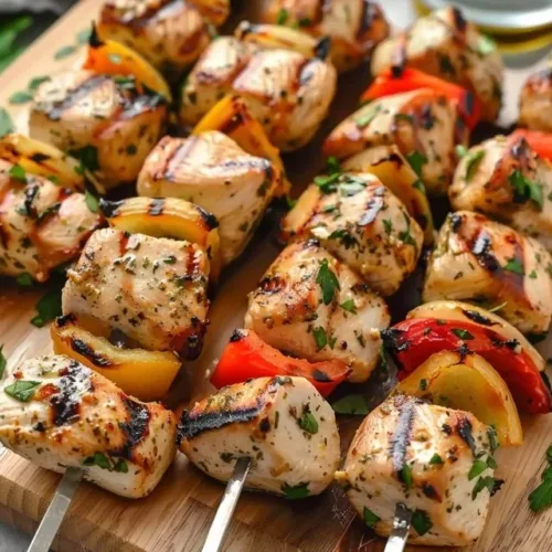 Easy Greek marinated chicken kabobs ready for grilling