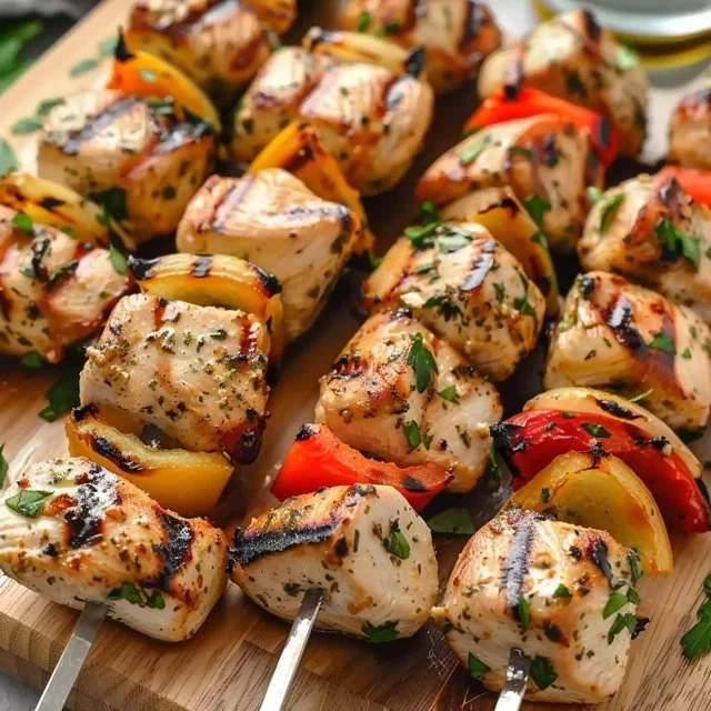 Easy Greek marinated chicken kabobs ready for grilling