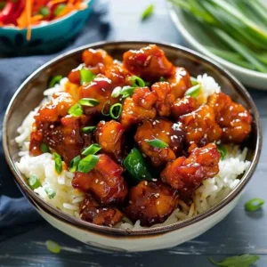 Plate of spicy Firecracker Chicken garnished with green onions and sesame seeds