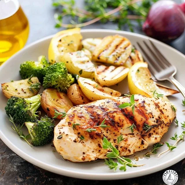 Deliciously seasoned baked chicken breast served with herbs and spices
