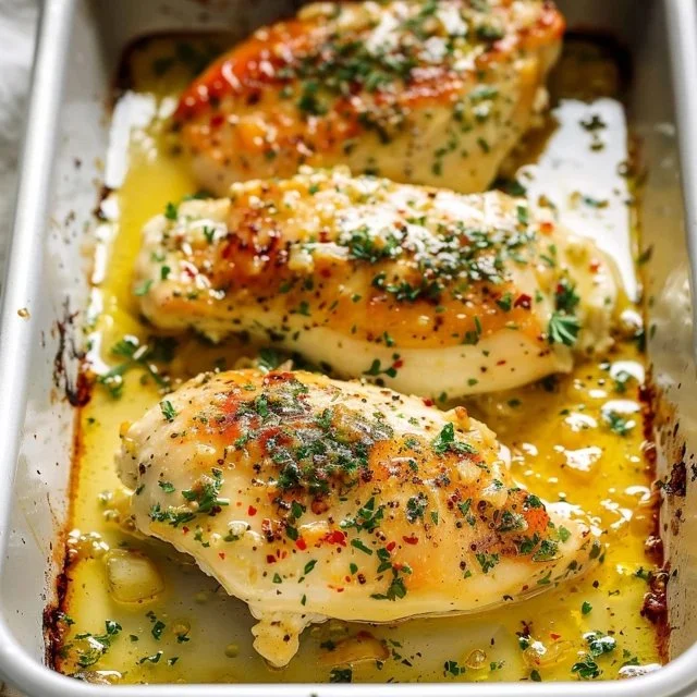 Juicy garlic butter baked chicken breast garnished with fresh herbs