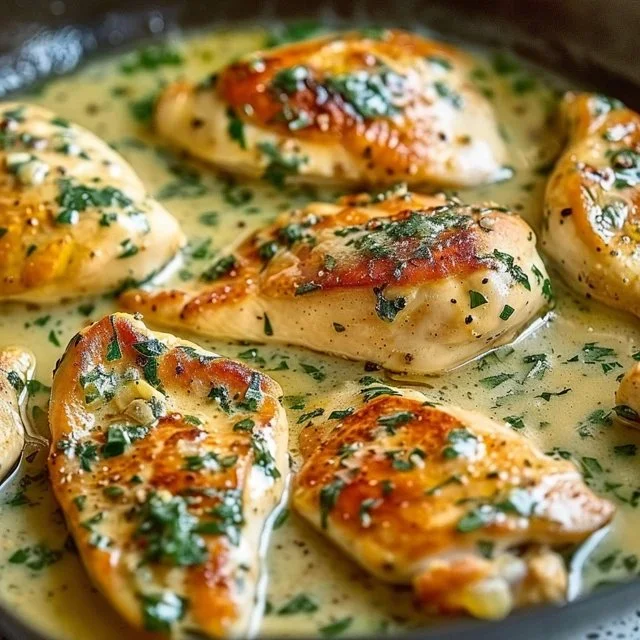 Delicious Garlic Butter Chicken served on a plate with herbs and garlic cloves.