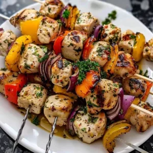 Delicious Greek chicken kabobs marinated with herbs and spices on skewers.