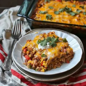 Ground chicken taco casserole topped with cheese and fresh ingredients