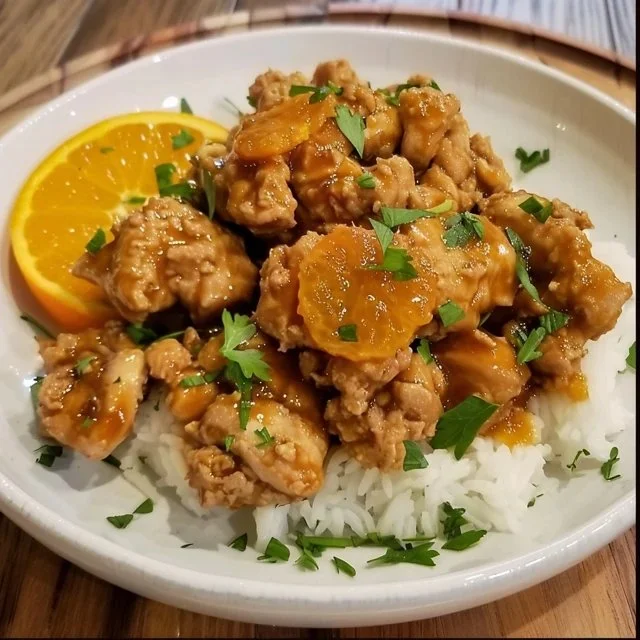 Plate of ground orange chicken served with rice and vegetables
