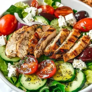 Healthy Greek salad with chicken, tomatoes, cucumbers, and olives on a plate.