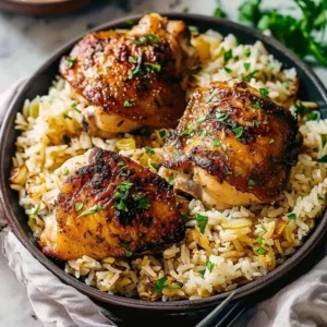 Herb chicken thighs served on a plate with rice and fresh herbs