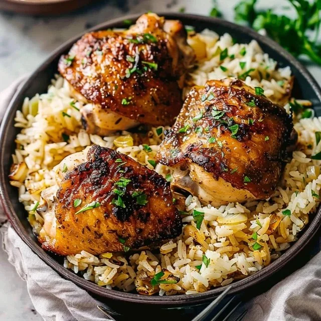 Herb chicken thighs served on a plate with rice and fresh herbs