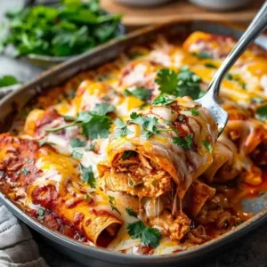 High protein chicken enchiladas topped with cheese and fresh cilantro