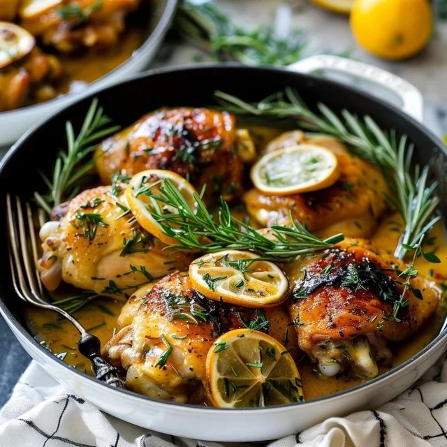 Honey Dijon Chicken Thighs garnished with herbs and served on a plate
