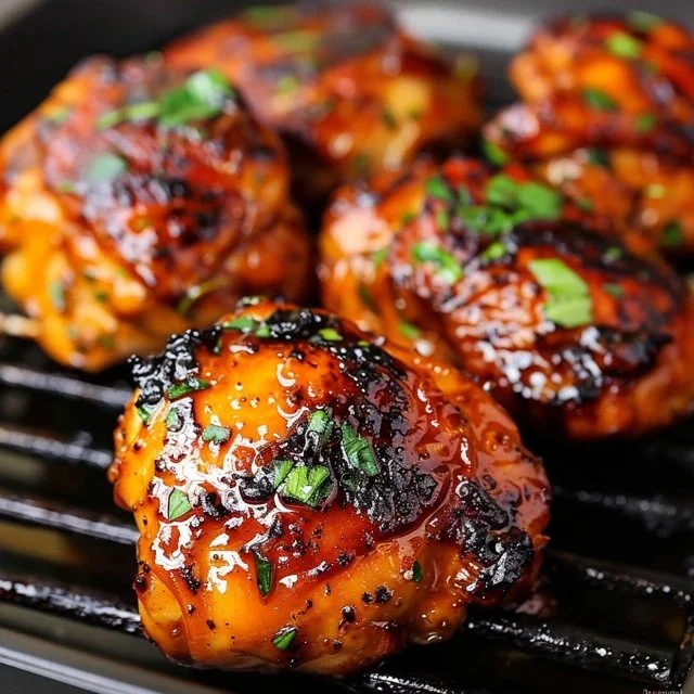 Juicy grilled boneless chicken thighs on a grill, ready to serve