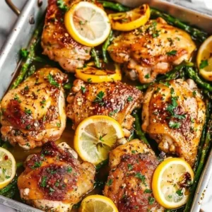 Lemon Garlic Butter Chicken thighs garnished with fresh herbs and lemon slices
