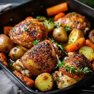 One-Pan Roasted Chicken Thighs with Carrots and Potatoes ready to serve