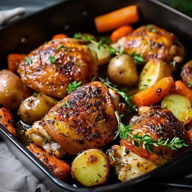 One-Pan Roasted Chicken Thighs with Carrots and Potatoes ready to serve