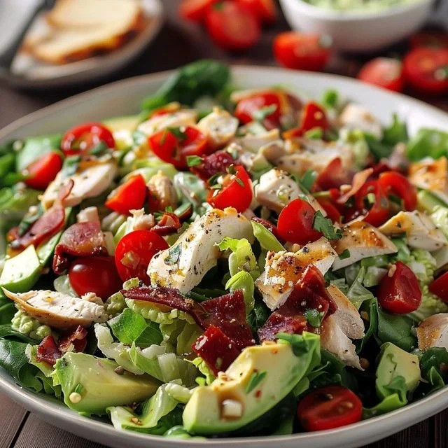 Quick and Easy BLT Chicken Salad with bacon, lettuce, and chicken on a plate