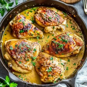 Plate of simple garlic butter chicken garnished with herbs