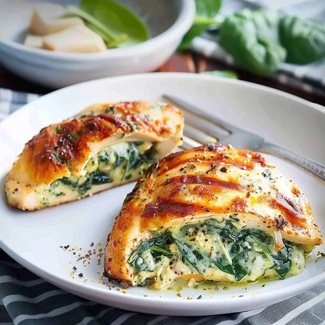 Spinach stuffed chicken breast filled with creamy spinach and cheese