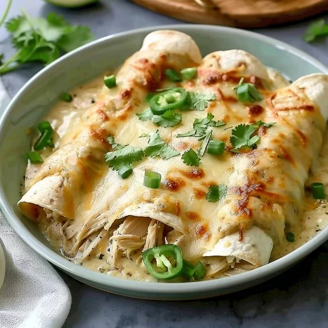 Delicious white rotisserie chicken enchiladas topped with sauce and cheese.