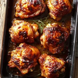Delicious oven baked chicken thighs served on a plate with herbs