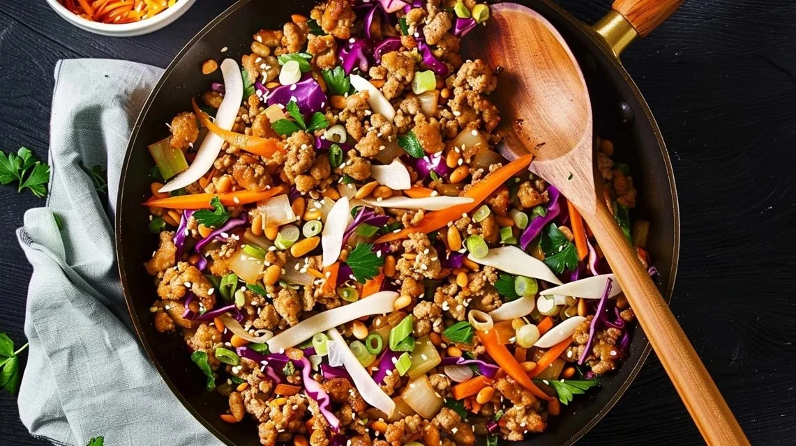Asian Garlic Sesame Chicken Egg Roll Bowls