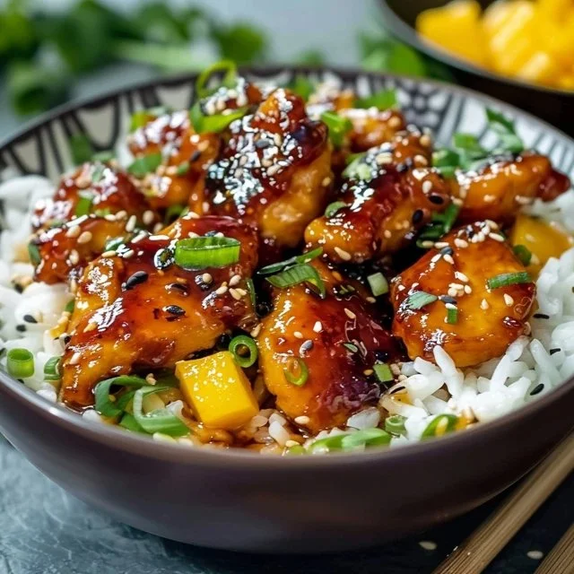 Delicious Asian Mango Glazed Chicken served with colorful vegetables